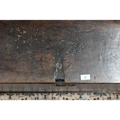 74 - An antique oak plank coffer, simple form of traditional vernacular construction with hinged top and ... 