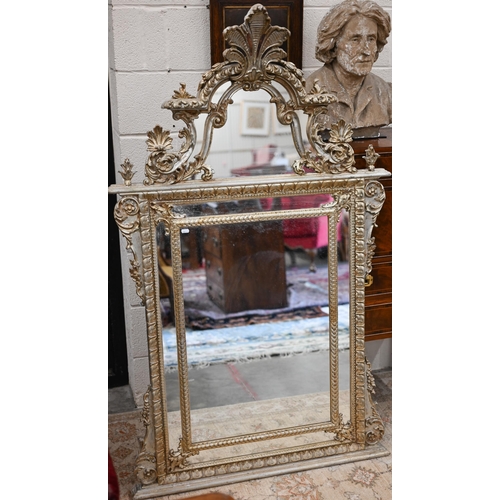 76 - A large Italian reproduction mirror in ornate aged gilt frame with anthemion crest, 95 cm wide x 160... 