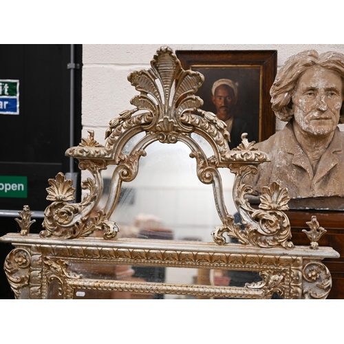 76 - A large Italian reproduction mirror in ornate aged gilt frame with anthemion crest, 95 cm wide x 160... 