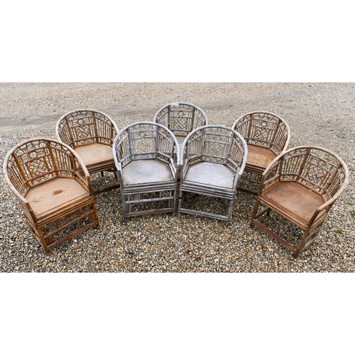 82 - Seven Brighton Pavilion style bamboo chairs in the Regency manner, with panelled ply seats and two w... 