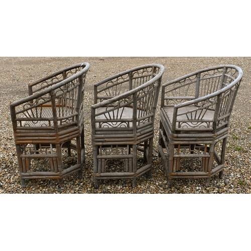 82 - Seven Brighton Pavilion style bamboo chairs in the Regency manner, with panelled ply seats and two w... 