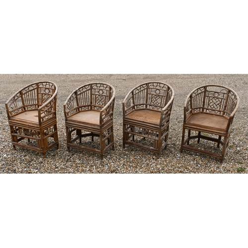 82 - Seven Brighton Pavilion style bamboo chairs in the Regency manner, with panelled ply seats and two w... 