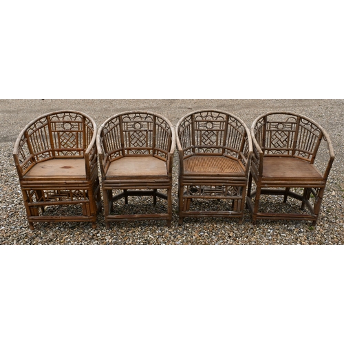 82 - Seven Brighton Pavilion style bamboo chairs in the Regency manner, with panelled ply seats and two w... 