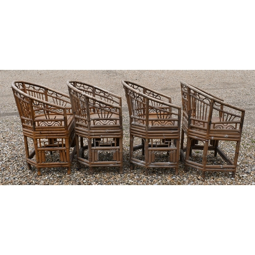 82 - Seven Brighton Pavilion style bamboo chairs in the Regency manner, with panelled ply seats and two w... 