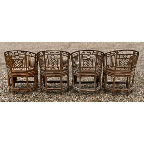 82 - Seven Brighton Pavilion style bamboo chairs in the Regency manner, with panelled ply seats and two w... 