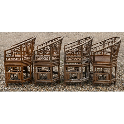 82 - Seven Brighton Pavilion style bamboo chairs in the Regency manner, with panelled ply seats and two w... 