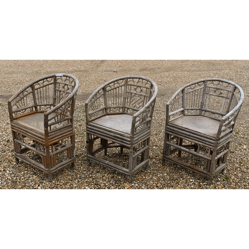 82 - Seven Brighton Pavilion style bamboo chairs in the Regency manner, with panelled ply seats and two w... 