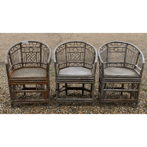 82 - Seven Brighton Pavilion style bamboo chairs in the Regency manner, with panelled ply seats and two w... 