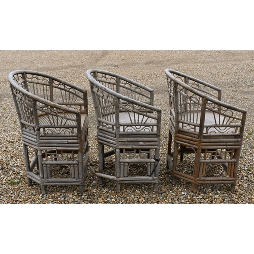 82 - Seven Brighton Pavilion style bamboo chairs in the Regency manner, with panelled ply seats and two w... 