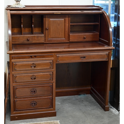 88 - A Chinese hardwood tambour roll-top desk with fitted interior over six drawers with 'shou' symbol ha... 