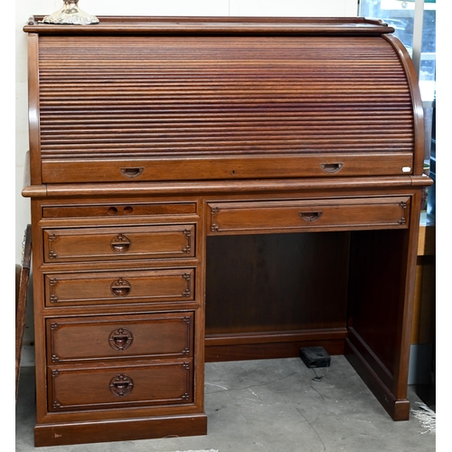 88 - A Chinese hardwood tambour roll-top desk with fitted interior over six drawers with 'shou' symbol ha... 