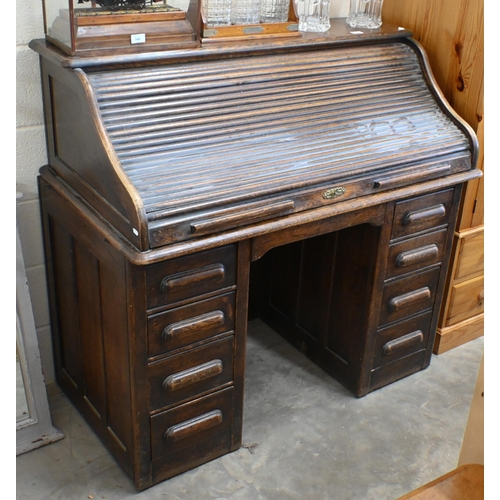 92 - Early 20th century oak tambour roll top desk, a/f, 122 x 68 x 118 cm high