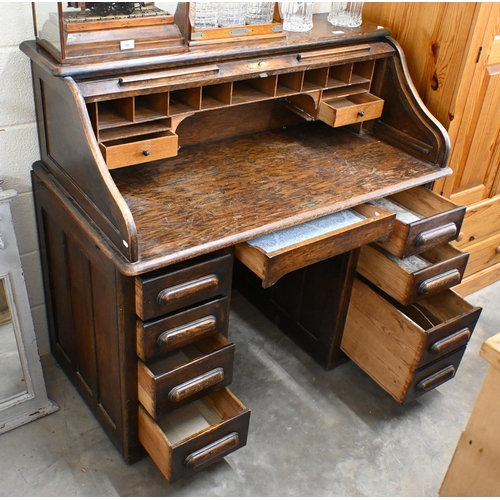 92 - Early 20th century oak tambour roll top desk, a/f, 122 x 68 x 118 cm high