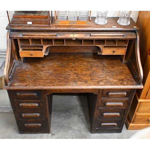 92 - Early 20th century oak tambour roll top desk, a/f, 122 x 68 x 118 cm high