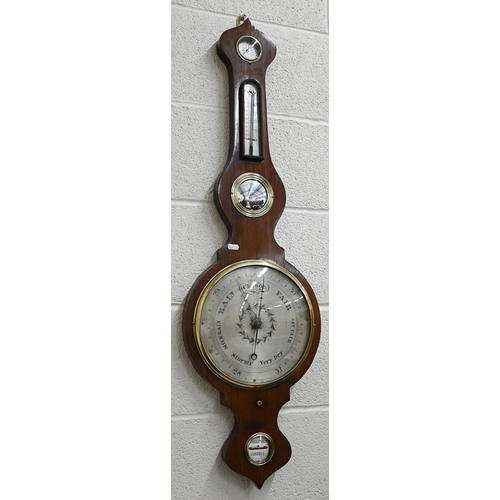 93 - An antique rosewood mercurial wheel barometer with silvered dials, Negretti & Zambra label to re... 