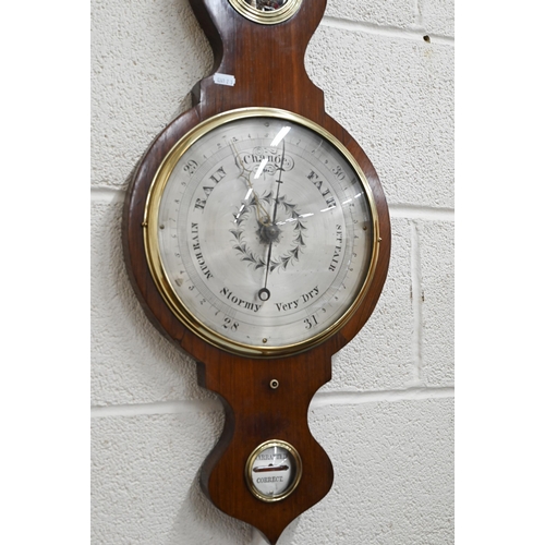 93 - An antique rosewood mercurial wheel barometer with silvered dials, Negretti & Zambra label to re... 