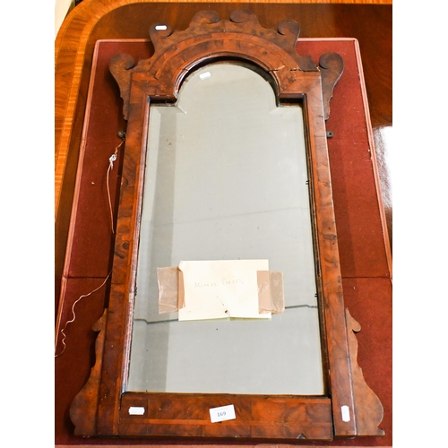 169 - # A Georgian mirror with fret-cut and feather-banded walnut frame - for restoration, 100 cm h x 50 c... 