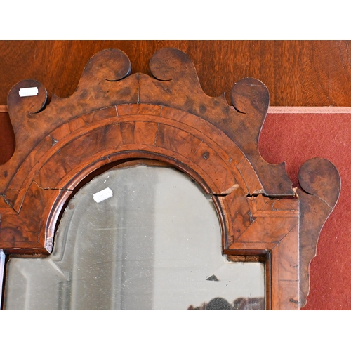 169 - # A Georgian mirror with fret-cut and feather-banded walnut frame - for restoration, 100 cm h x 50 c... 