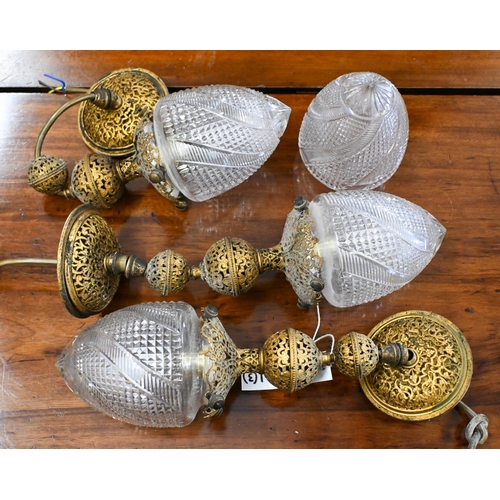 170 - Three Vulliamy ornate pierced brass pendant ceiling lights with cut-glass shades (one spare shade)