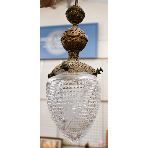 170 - Three Vulliamy ornate pierced brass pendant ceiling lights with cut-glass shades (one spare shade)