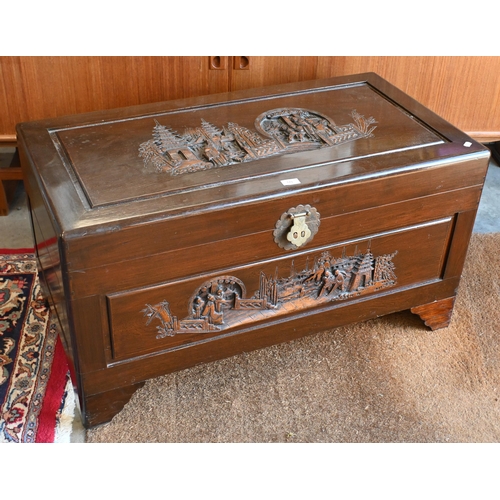 171 - A Chinese 'George Zee' (Hong Kong) carved hardwood trunk with camphor lining, 102 cm w x 52 cm d x 5... 