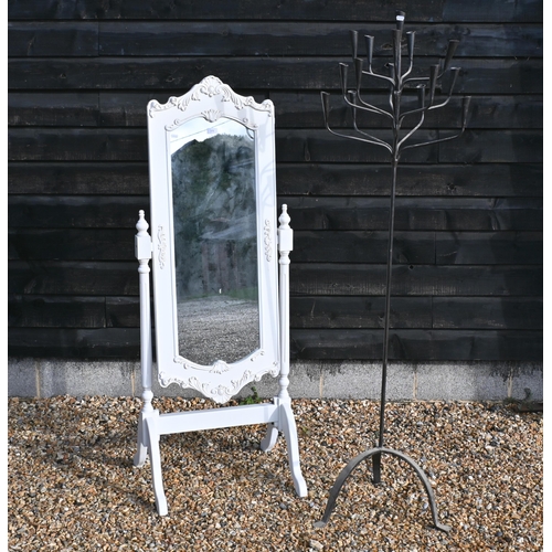 172 - A French style painted cheval mirror, 55 cm high to/w a wrought iron floor standing candelabra (2)