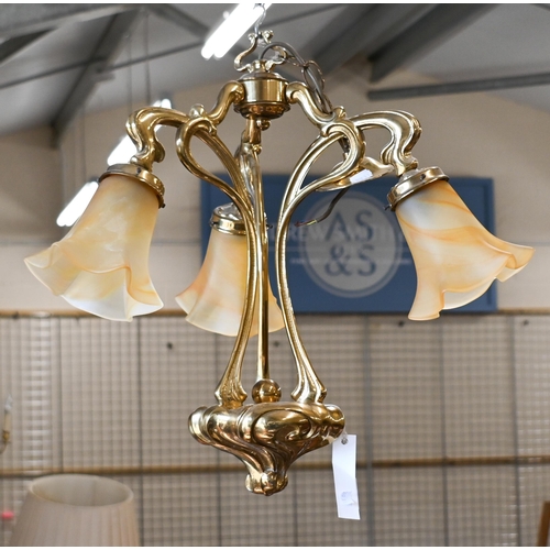 177 - Christopher Wray (purchased by repute) Art Nouveau style brass three branch ceiling light with Viann... 