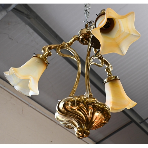 177 - Christopher Wray (purchased by repute) Art Nouveau style brass three branch ceiling light with Viann... 