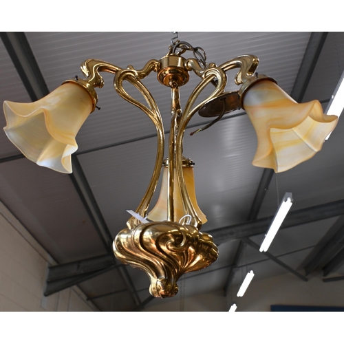 177 - Christopher Wray (purchased by repute) Art Nouveau style brass three branch ceiling light with Viann... 