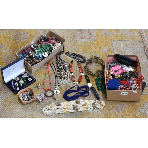 467 - A collection of vintage and later bead necklces, Monet roundel gilt metal brooch etc