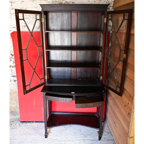 55 - A mahogany Chippendale style curio cabinet with bind fret-cut decoration on bow-fronted two drawer b... 