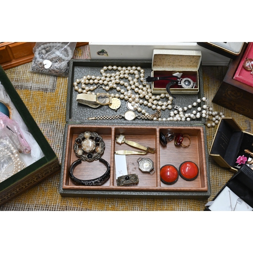 567 - A large quantity of costume jewellery including silver, gold ring, watches, ep Dupont cigarette ligh... 