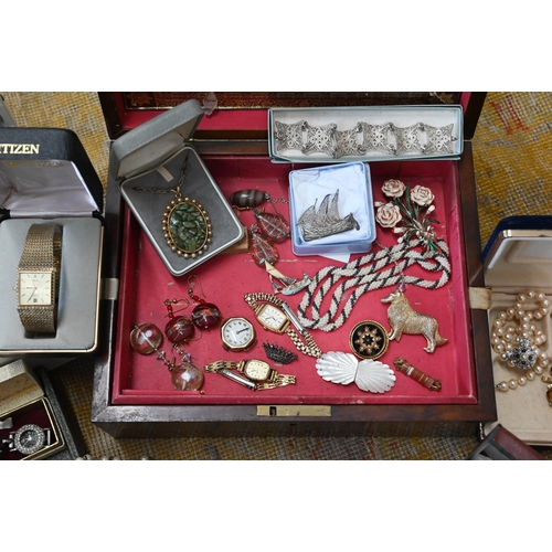 567 - A large quantity of costume jewellery including silver, gold ring, watches, ep Dupont cigarette ligh... 