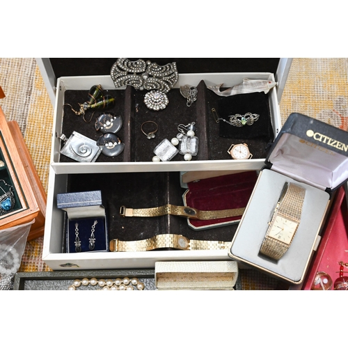 567 - A large quantity of costume jewellery including silver, gold ring, watches, ep Dupont cigarette ligh... 