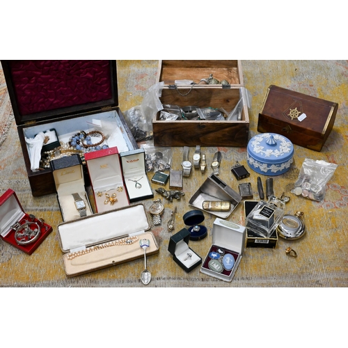 567 - A large quantity of costume jewellery including silver, gold ring, watches, ep Dupont cigarette ligh... 