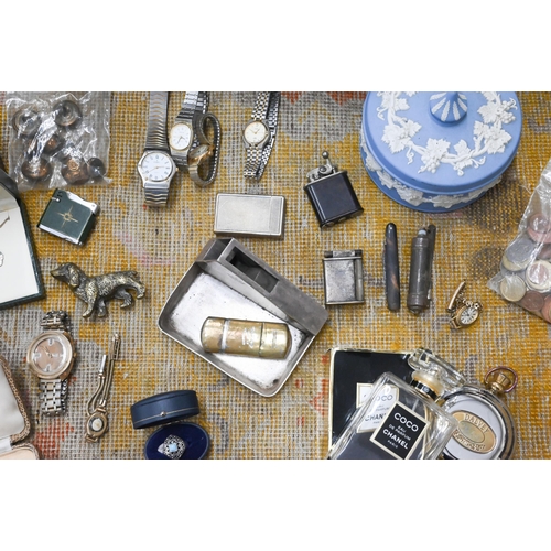 567 - A large quantity of costume jewellery including silver, gold ring, watches, ep Dupont cigarette ligh... 