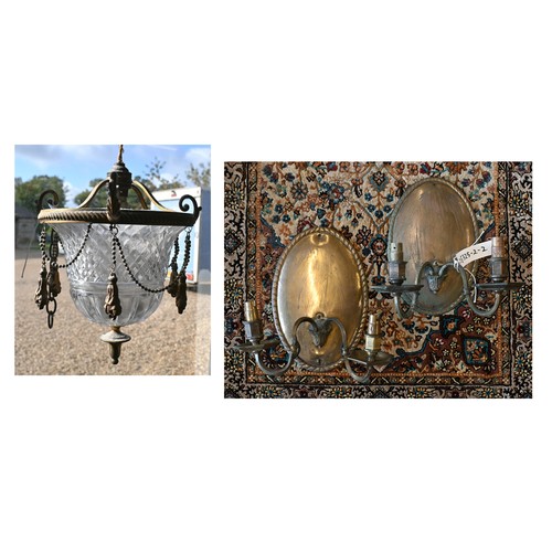 179 - A brass pendant ceiling light with bell shaped cut glass shade to/w a pair of twin branch wall sconc... 