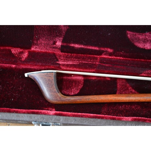 497 - A cased (restored) cello bow with mother of pearl inlaid ebony frog and white metal mounts circa 190... 