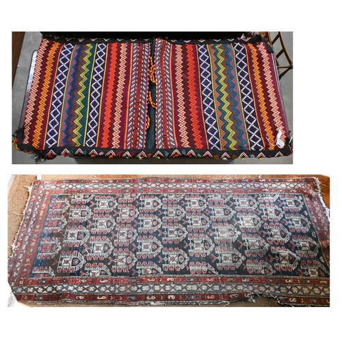 152 - Persian saddle bags (double) with multicoloured banded design to/w blue ground (worn) Kurdish rug (2... 