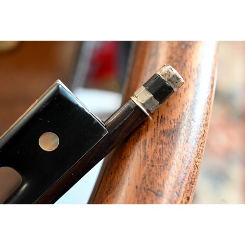 497 - A cased (restored) cello bow with mother of pearl inlaid ebony frog and white metal mounts circa 190... 