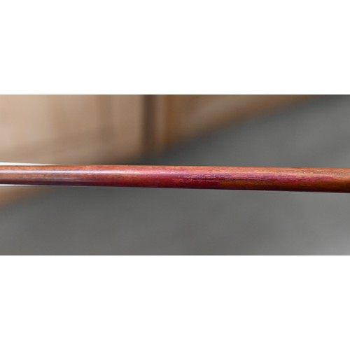 497 - A cased (restored) cello bow with mother of pearl inlaid ebony frog and white metal mounts circa 190... 