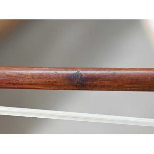 497 - A cased (restored) cello bow with mother of pearl inlaid ebony frog and white metal mounts circa 190... 