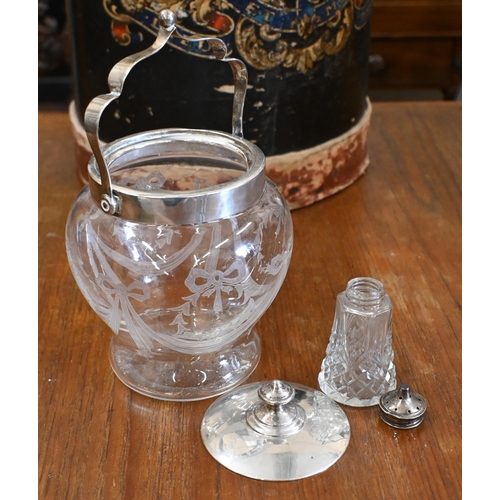 480 - A glass biscuit barrel etched with garlands and with silver collar, cover and swing handle, Birmingh... 