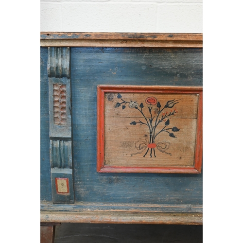 1 - An antique Continental pine trunk, distressed blue paint finish with polychrome floral front panels ... 