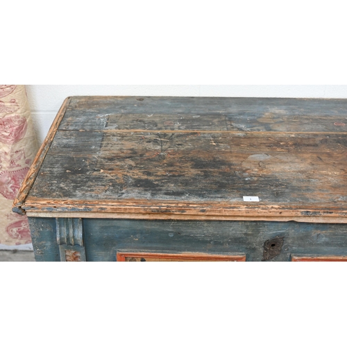 1 - An antique Continental pine trunk, distressed blue paint finish with polychrome floral front panels ... 