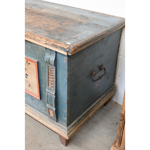 1 - An antique Continental pine trunk, distressed blue paint finish with polychrome floral front panels ... 