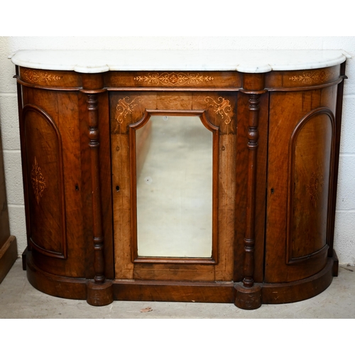 103 - A Victorian walnut inlaid credenza with marble top over a mirrored central door between panelled cup... 