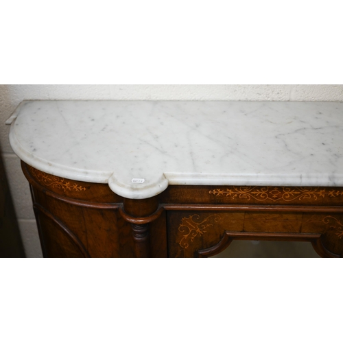 103 - A Victorian walnut inlaid credenza with marble top over a mirrored central door between panelled cup... 