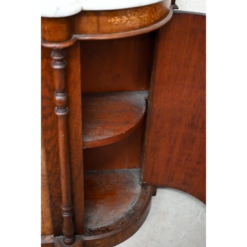 103 - A Victorian walnut inlaid credenza with marble top over a mirrored central door between panelled cup... 