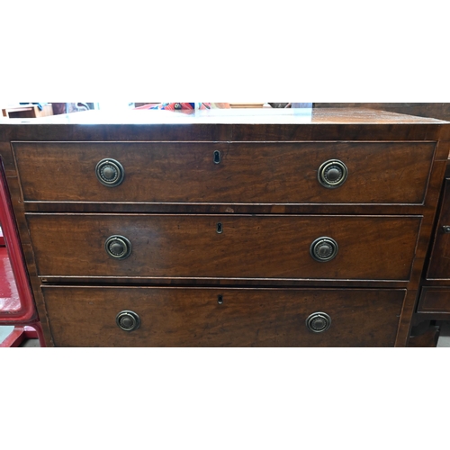 15 - A 19th century mahogany chest of four long graduating drawers on shaped bracket feet, 86 cm w x 45 c... 